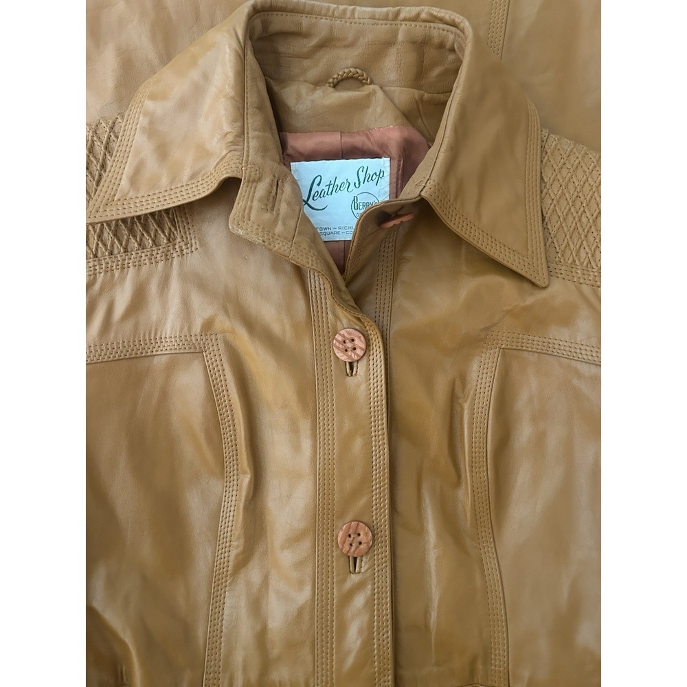 Vtg 1970s Artisanal Detail Stitched Soft Caramel Brown Leather Belted Trenchcoat